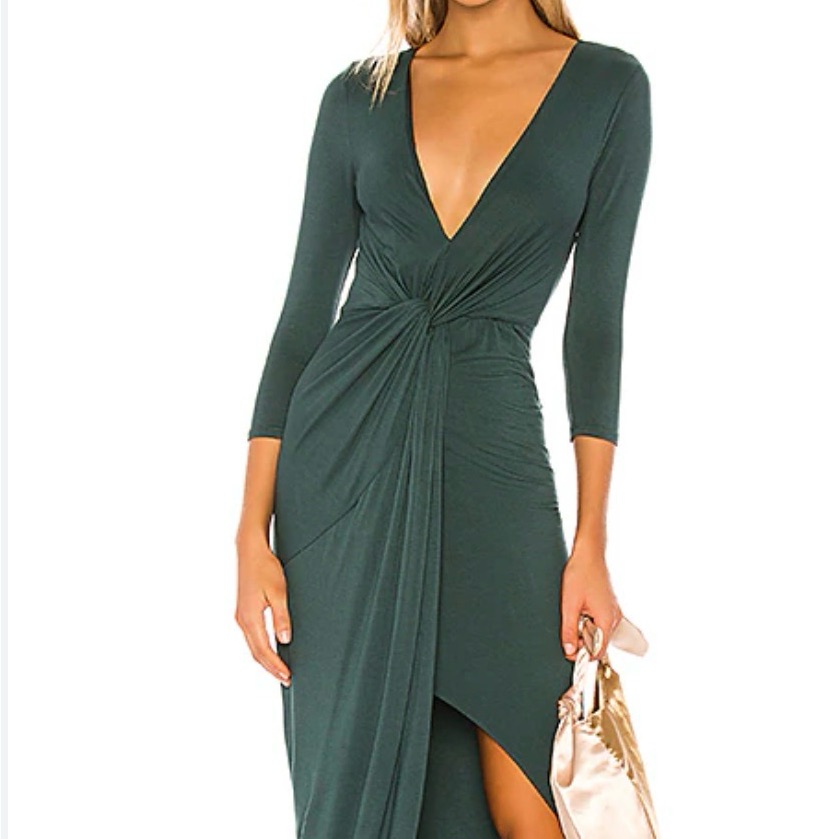 Lovers And Friends Deep Green Knot-Front V-Neck Midi Dress